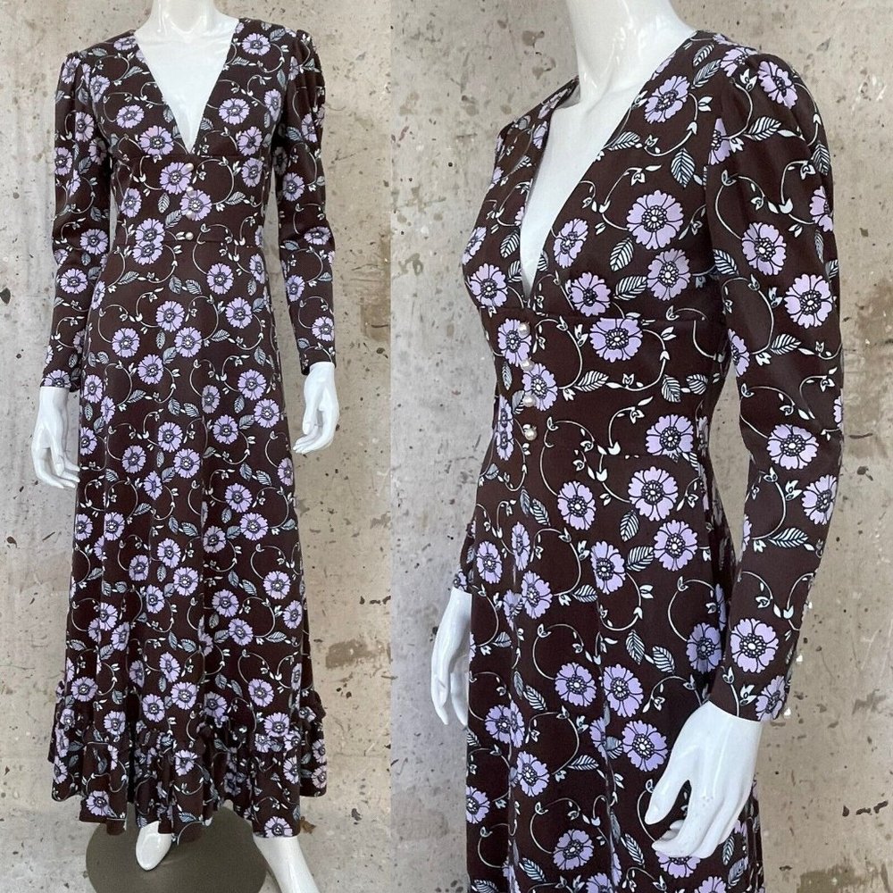 Vintage 1970’s Lavender & Cocoa Floral Maxi Dress, Small